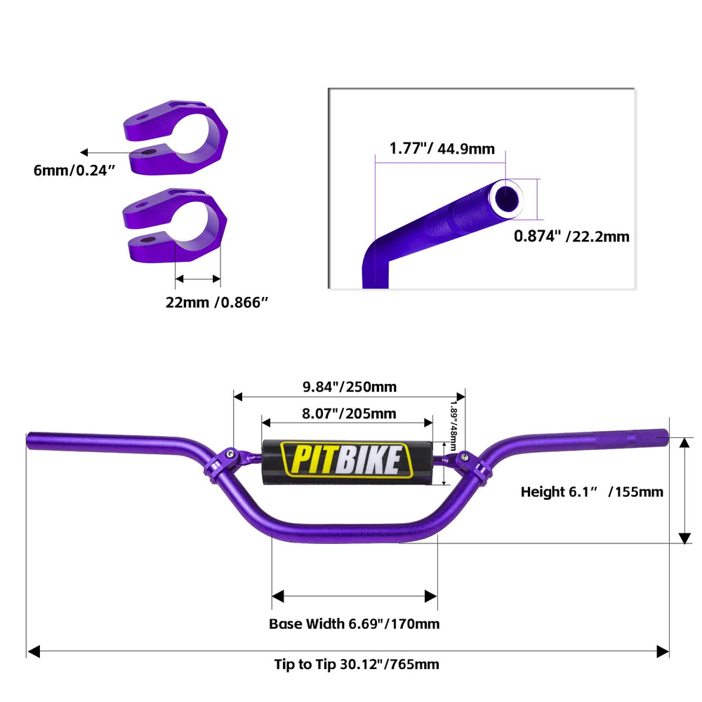 Motoroff foam pad detail on purple handlebars providing impact protection
