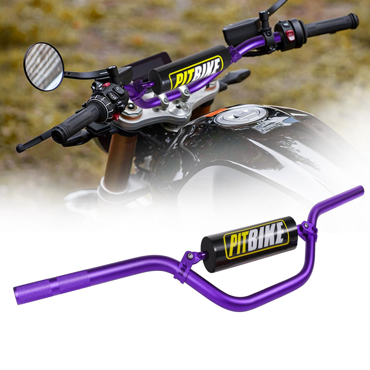Motoroff handlebars front view in purple showing full bar profile and easy upgrade