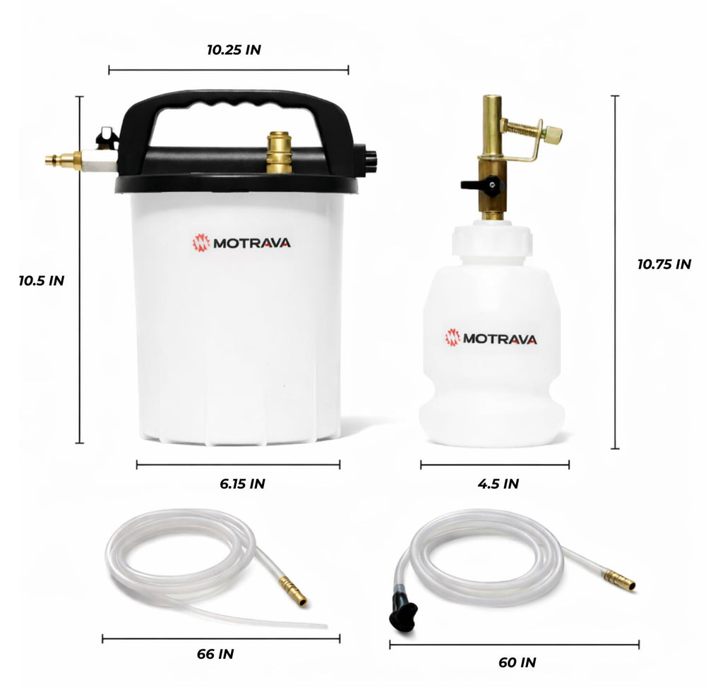 MOTRAVA in use on car brake bleeding showing one-person operation benefit
