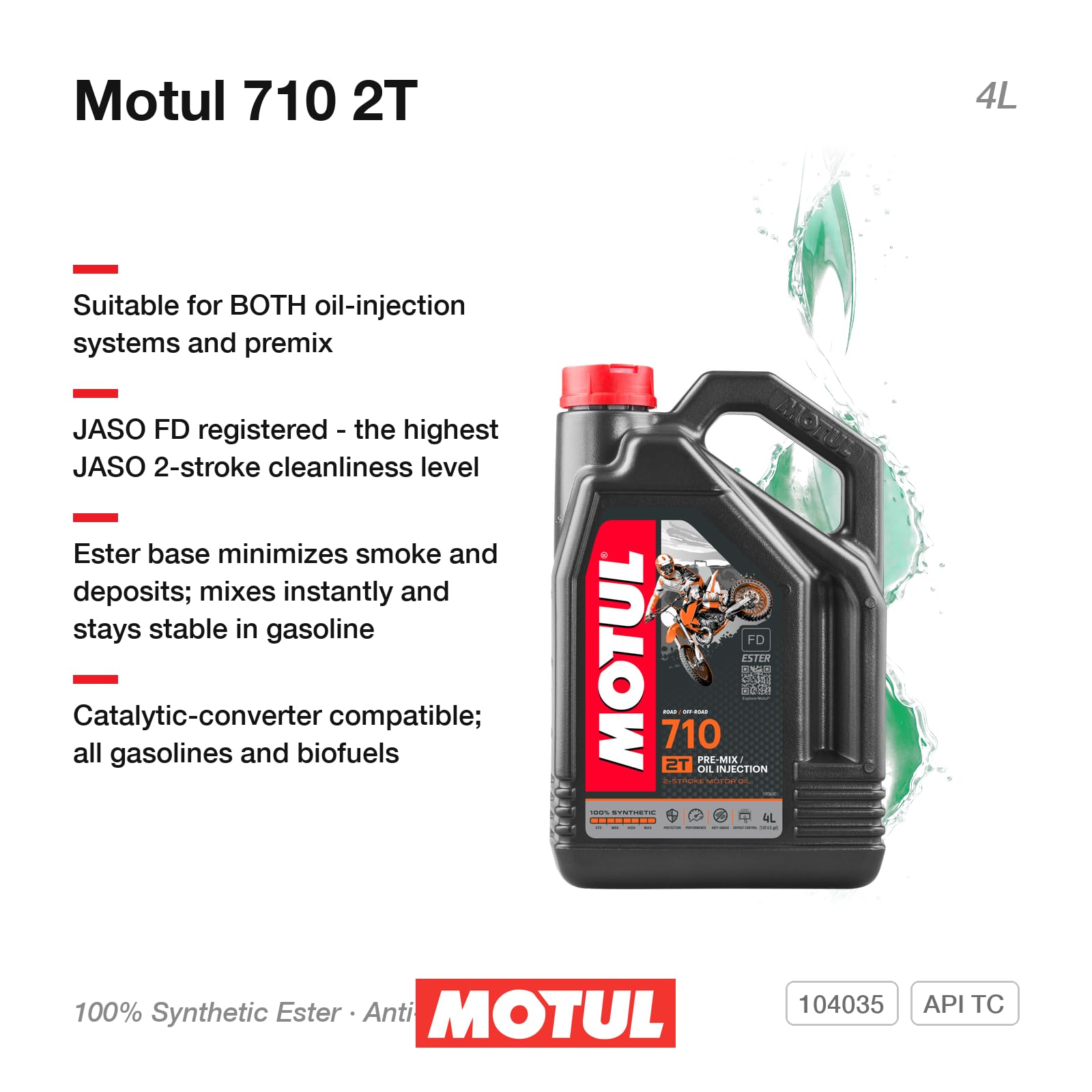 Motul 710 2T oil pouring closeup highlighting smooth texture and easy pouring benefit