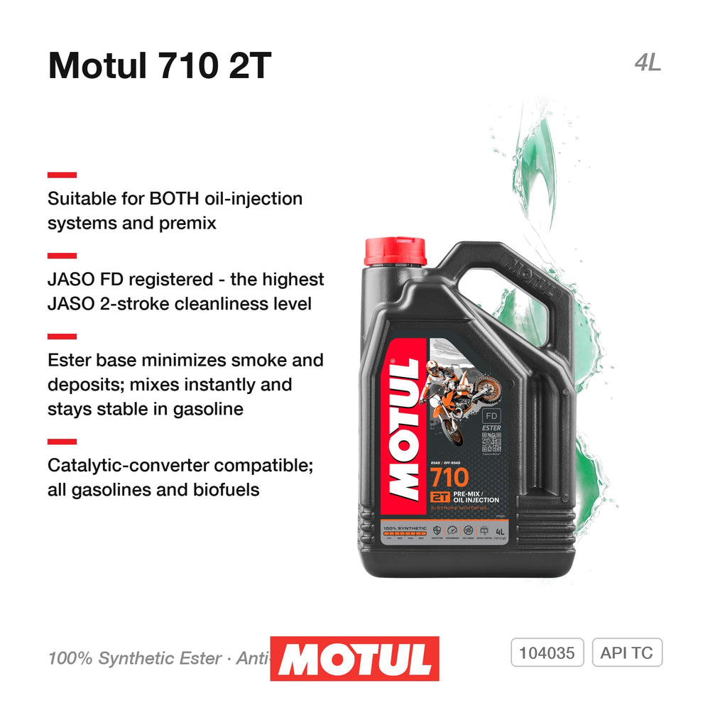 Motul 710 2T oil pouring closeup highlighting smooth texture and easy pouring benefit