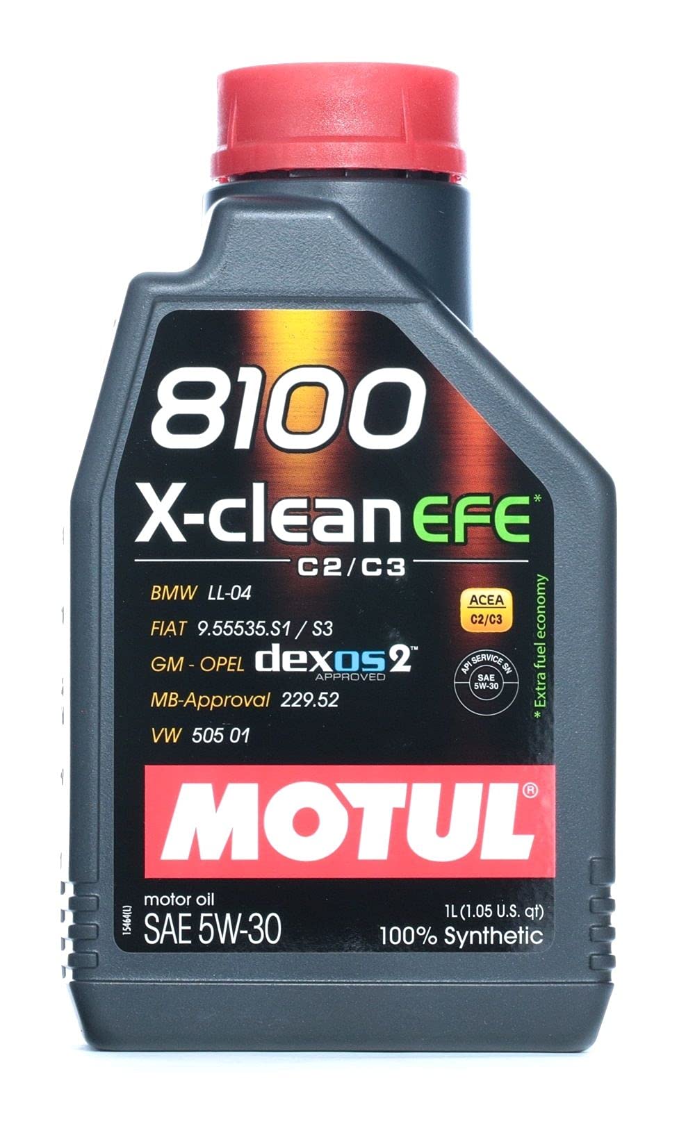 Motul 8100 bottle front label showing specifications and fuel-economy benefit