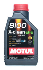 Motul 8100 bottle front label showing specifications and fuel-economy benefit