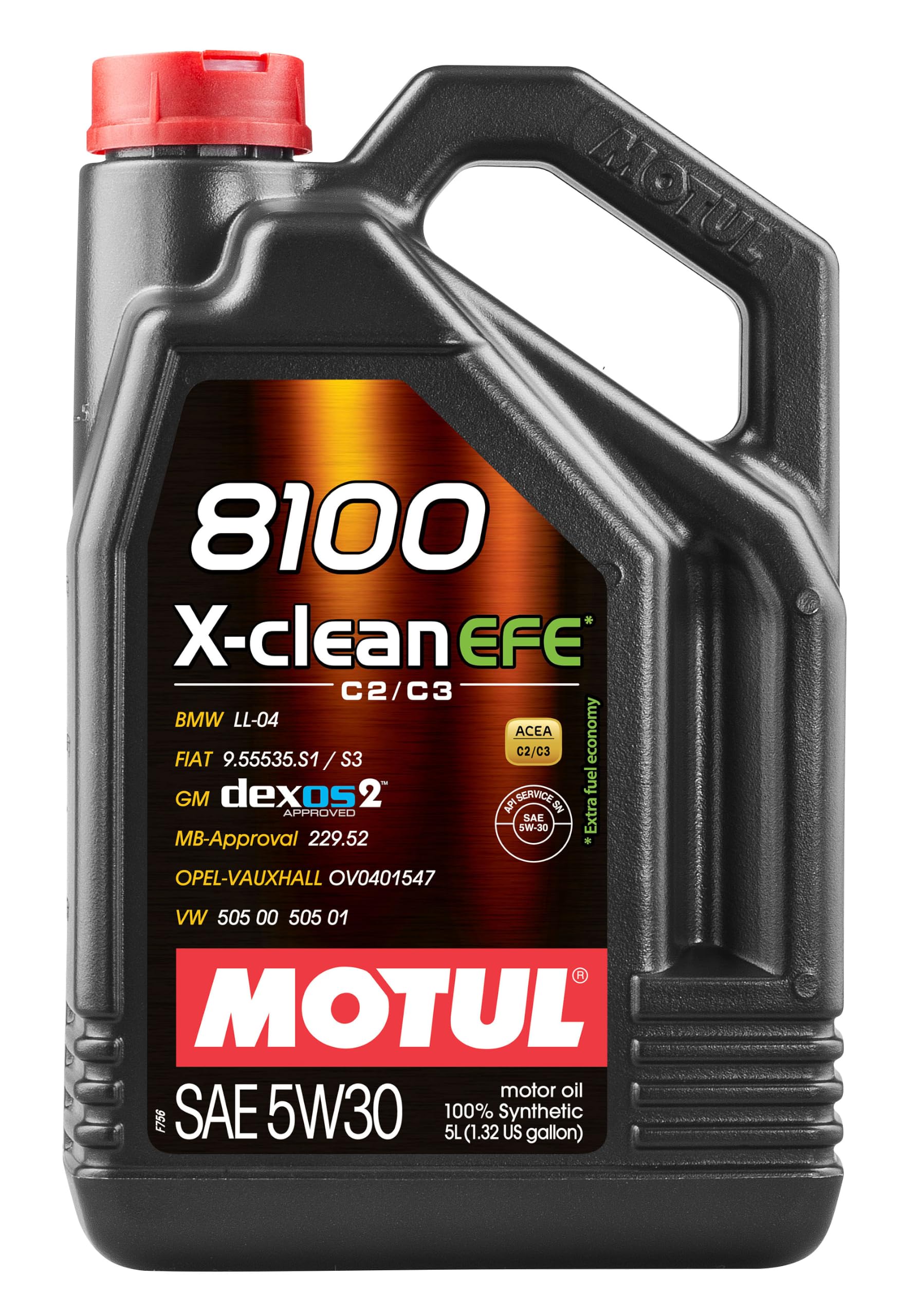 Motul 8100 X-clean EFE front bottle view showing label and fuel economy benefit