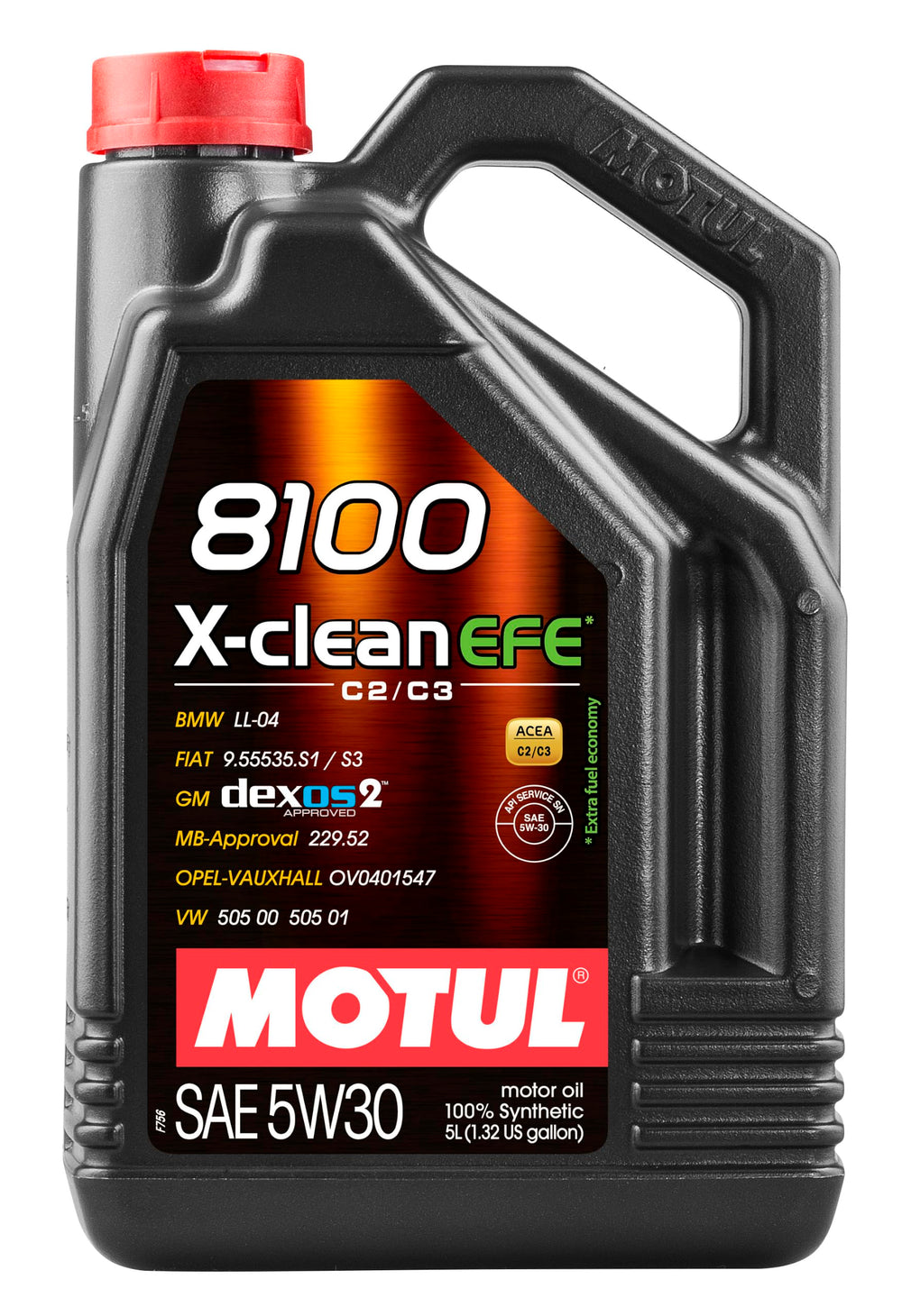 Motul 8100 X-clean EFE front bottle view showing label and fuel economy benefit