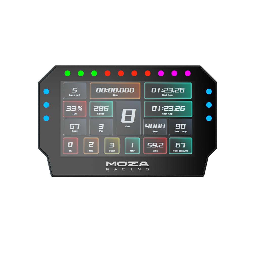 MOZA CM2 front 5-inch touchscreen showing clear telemetry and faster decisions