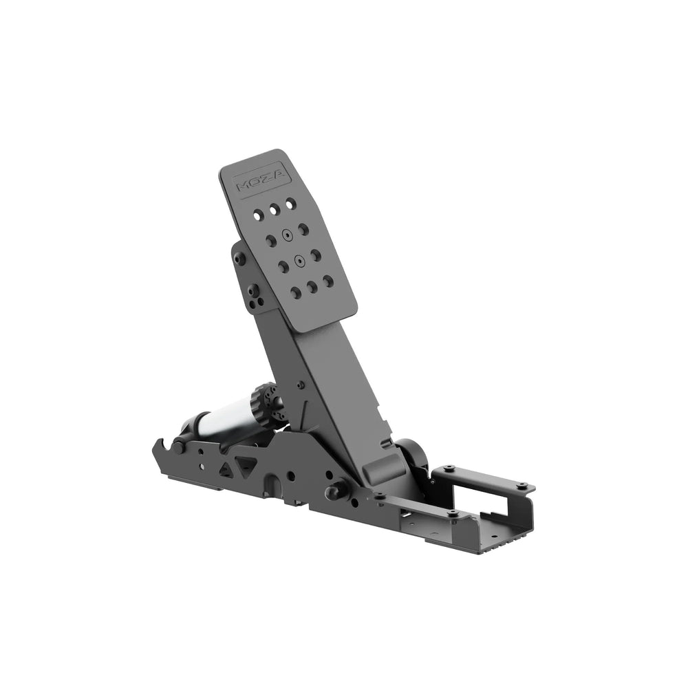 MOZA SRP2 front view showing pedal layout and solid aluminium construction benefit realism