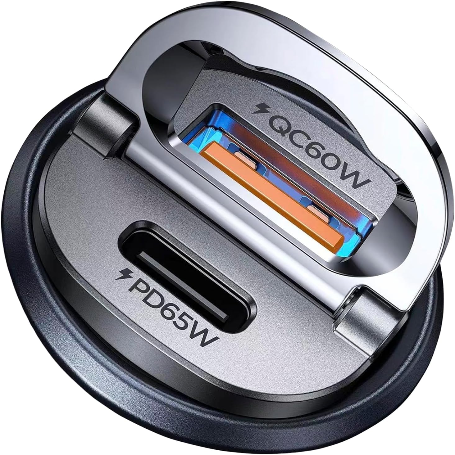 MRGLAS car charger front view showing ports and compact design for fast charging