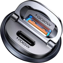 MRGLAS car charger front view showing ports and compact design for fast charging