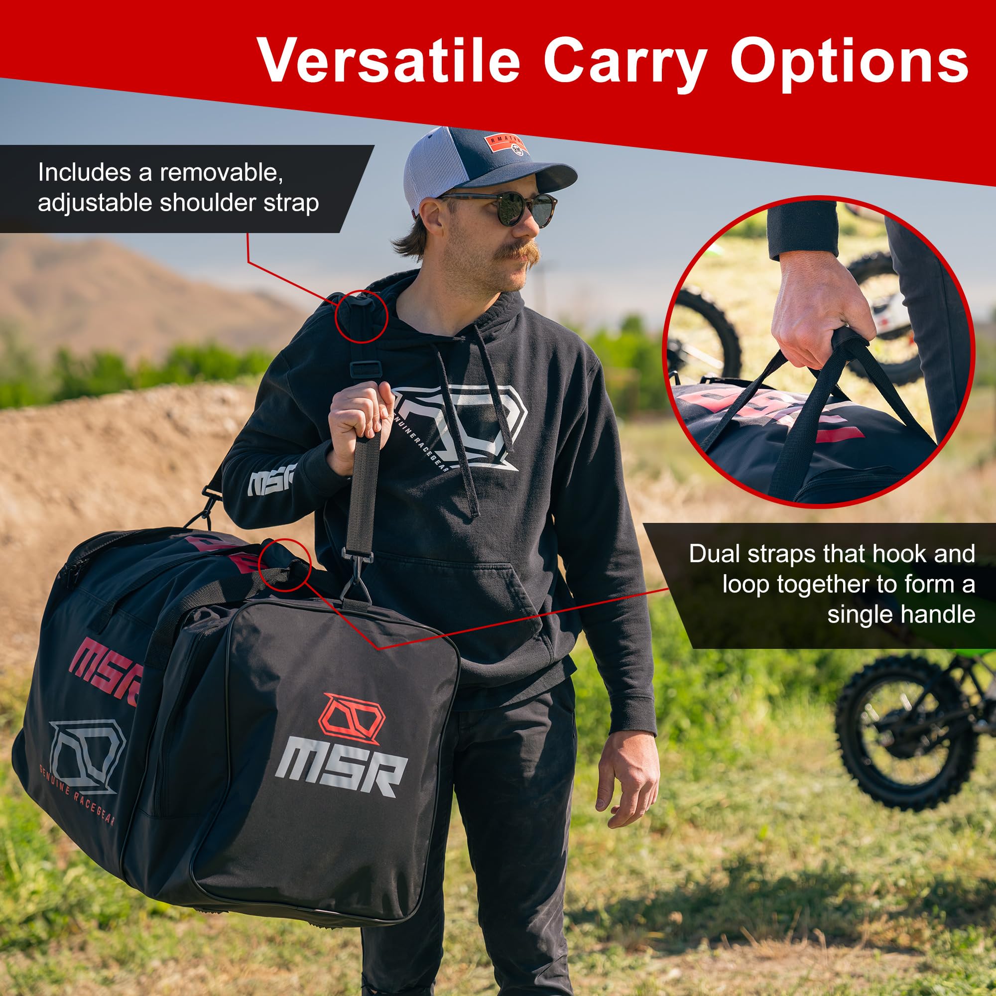 MSR gear bag side pocket detail with zipper showing easy-access storage