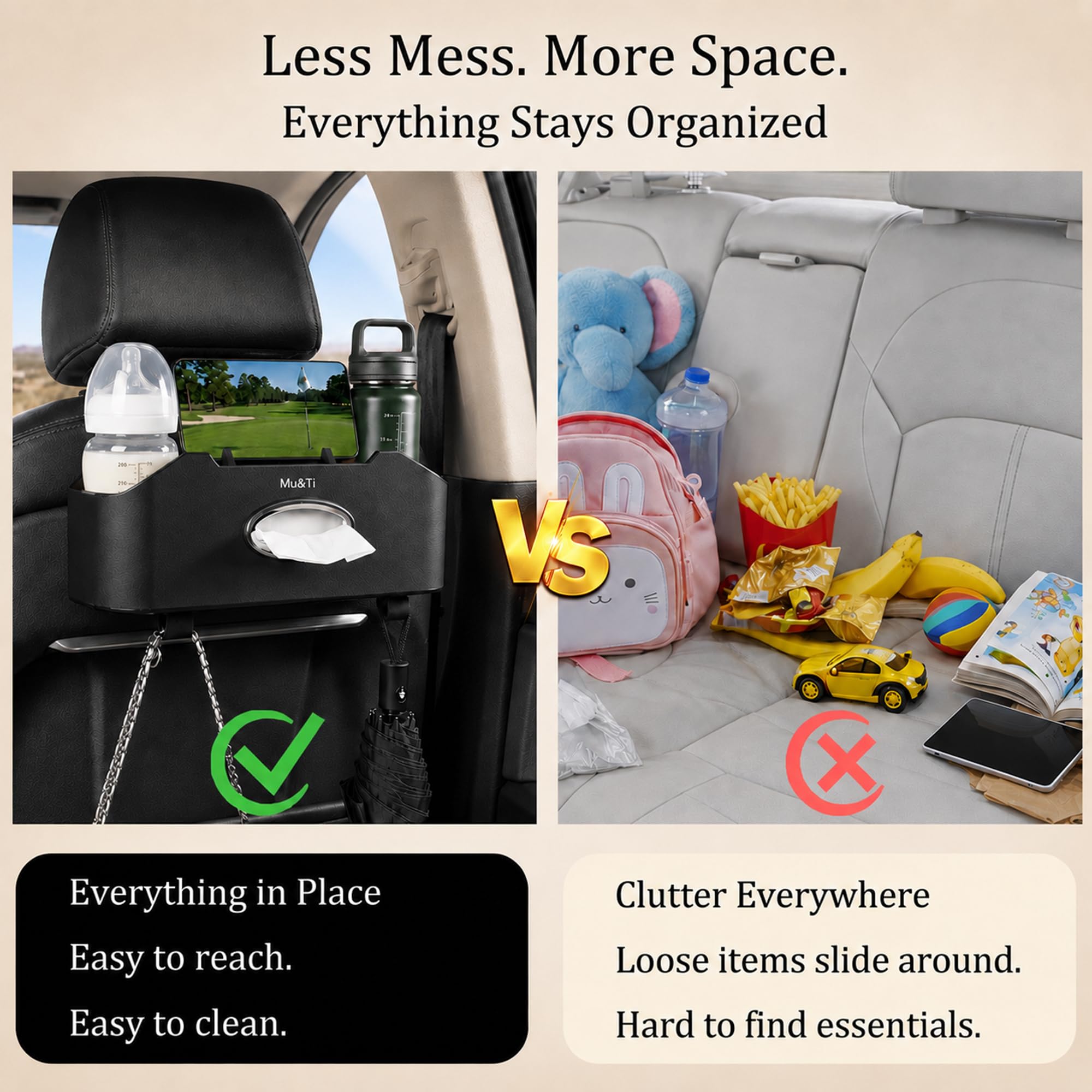 Mu&Ti adjustable headrest hooks securing organizer for stable installation