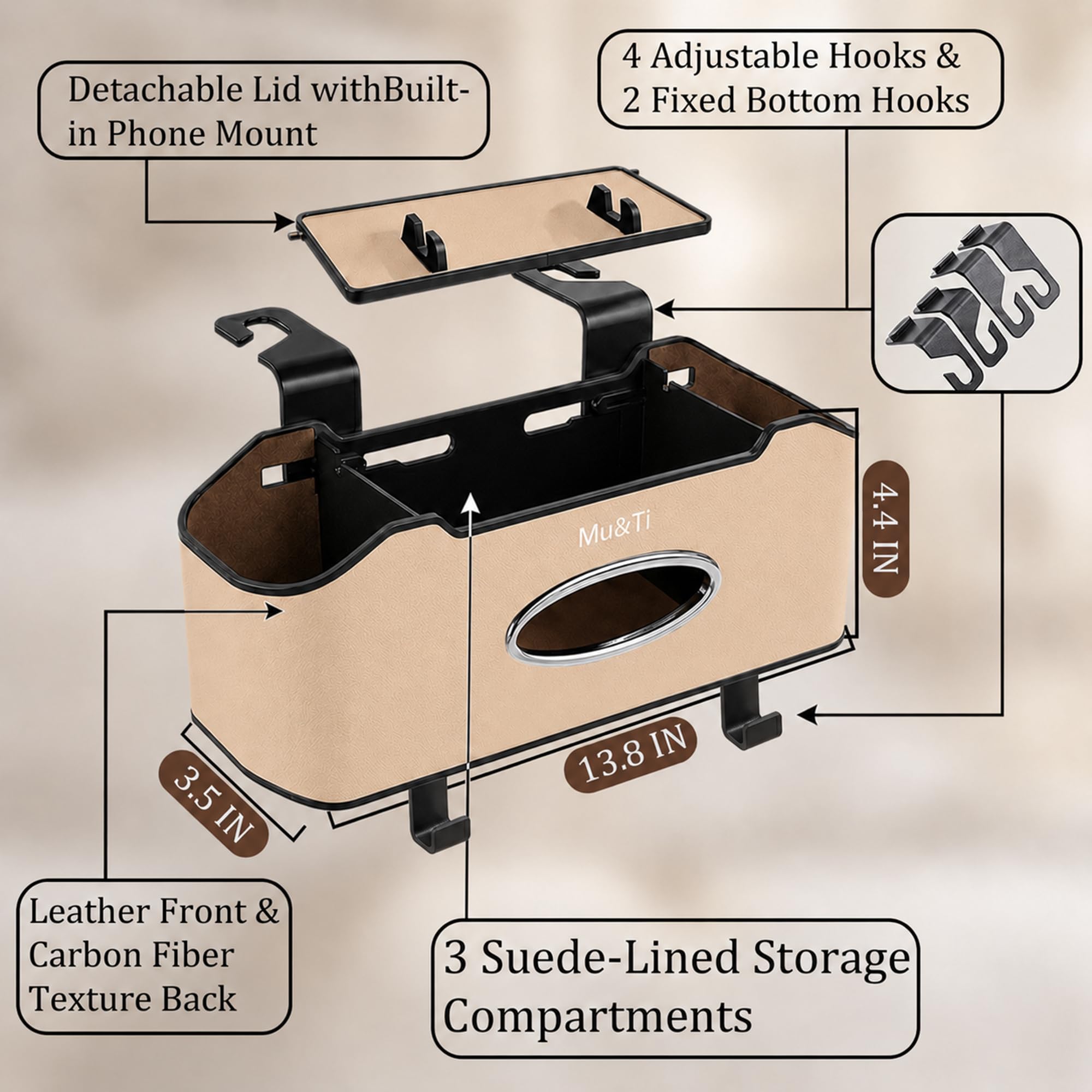 Mu&Ti tissue box and phone stand visible for quick access and viewing