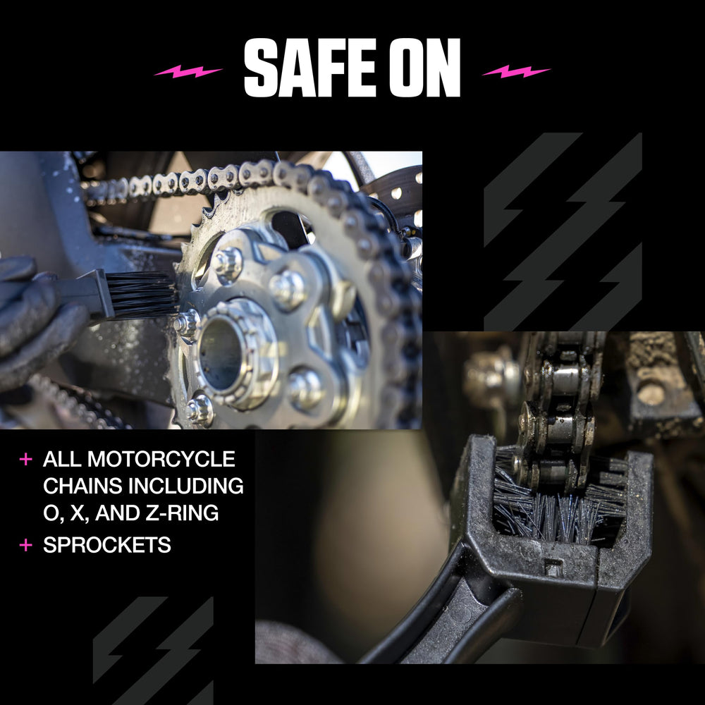 Muc-Off brush being used on chain to remove grime and restore movement
