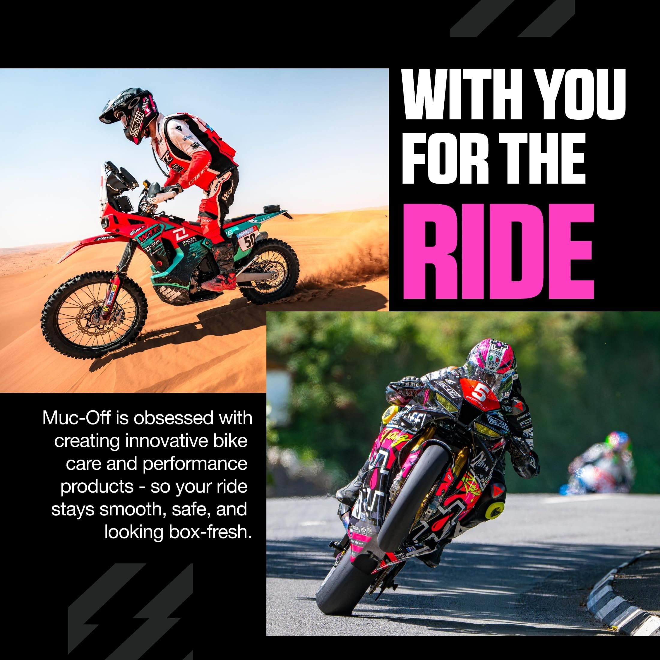 Muc-Off brush staged in garage with motorcycle showing practical maintenance use