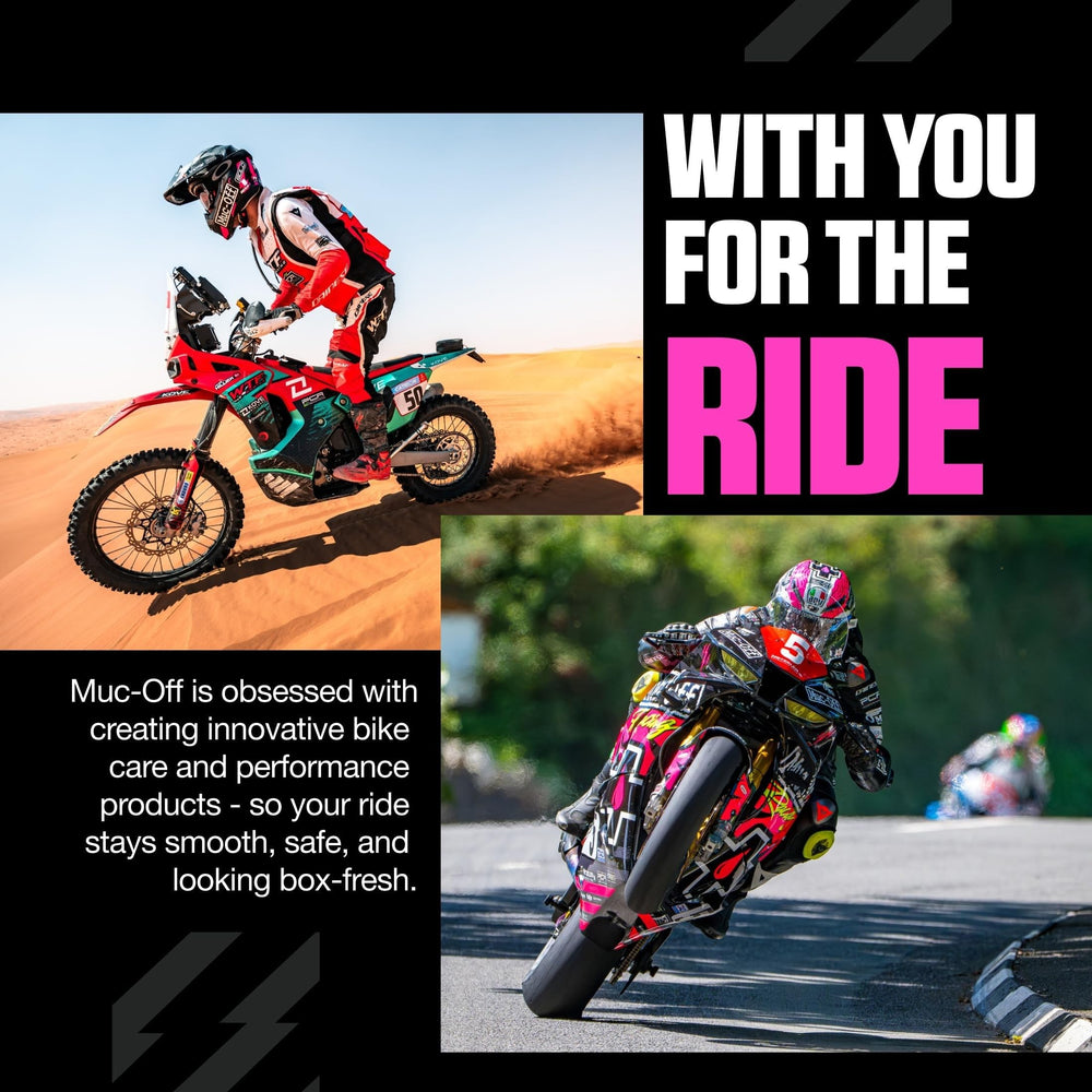 Muc-Off brush staged in garage with motorcycle showing practical maintenance use