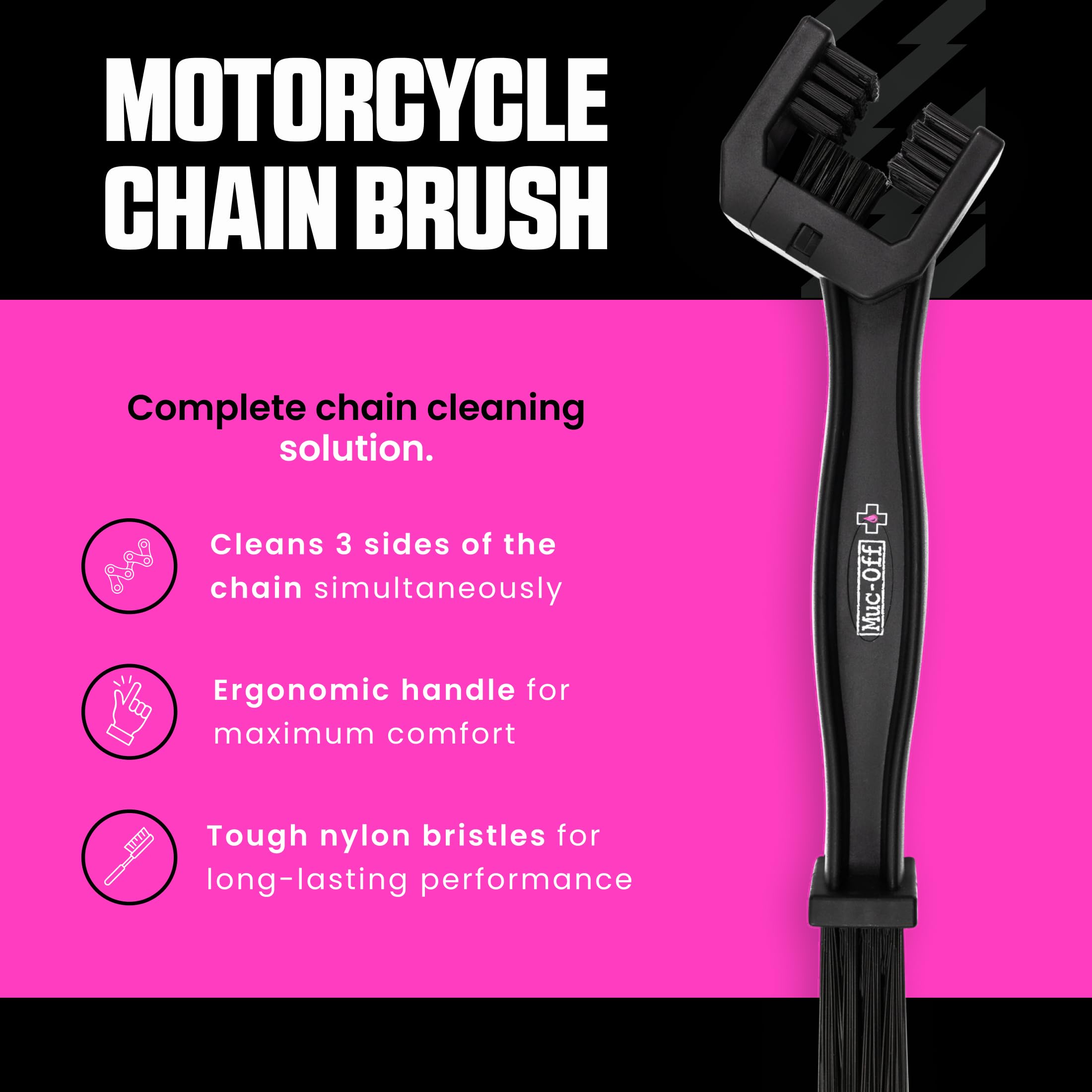 Muc-Off multi-faceted head detail cleaning three sides of the chain efficiently