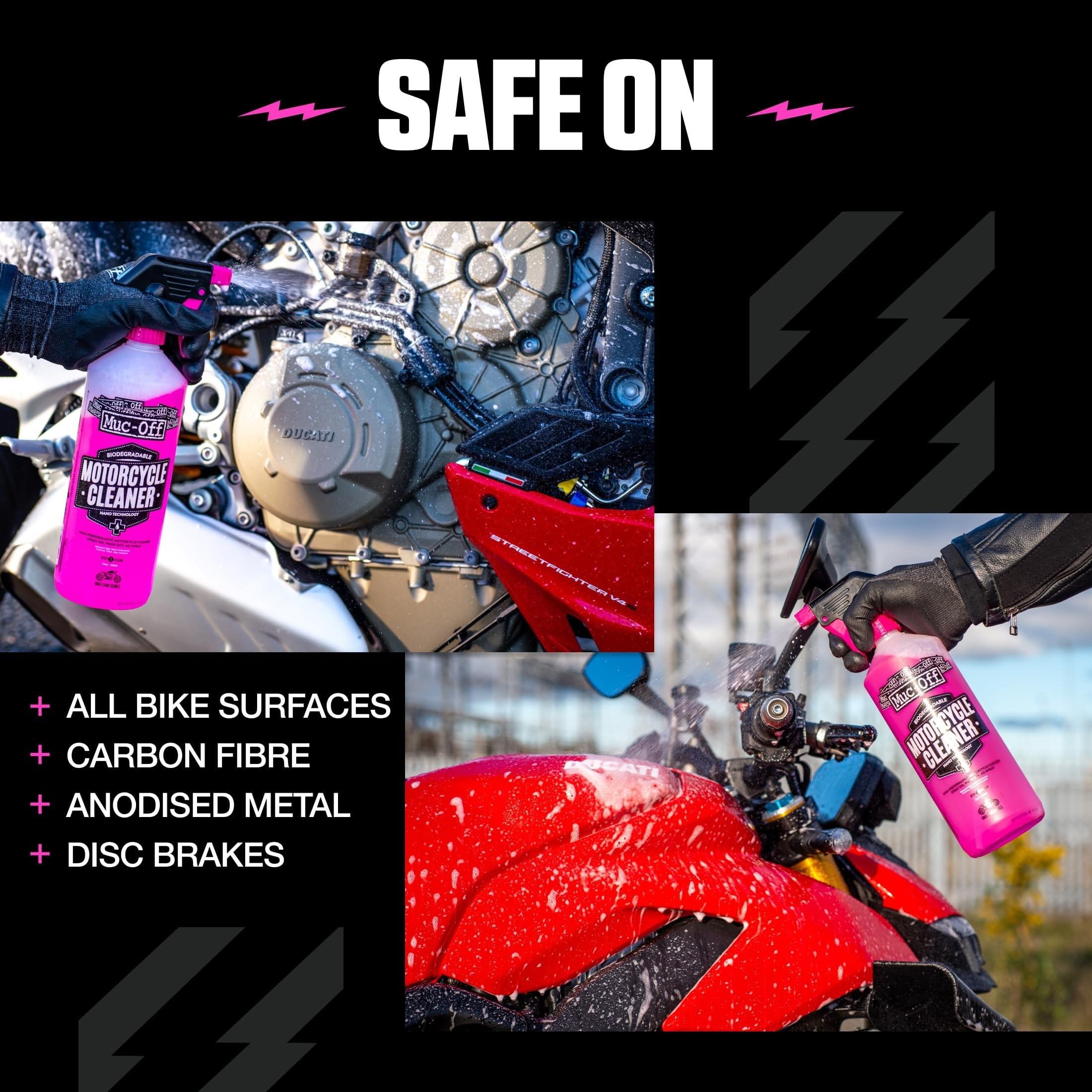 Muc-Off rinsing cleaner from bike illustrating easy removal and rinseability