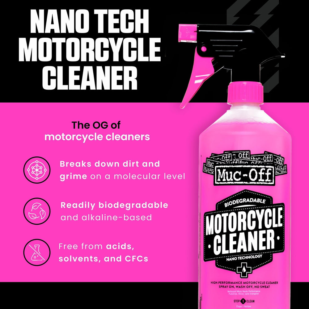 Muc-Off cleaner spraying onto motorcycle surface demonstrating fast grime removal benefits