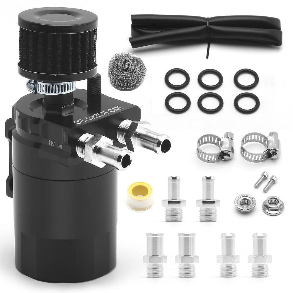 muge racing front view of baffled 400ml catch can showing polished finish and inlet outlets for clean intake protection
