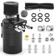 muge racing front view of baffled 400ml catch can showing polished finish and inlet outlets for clean intake protection