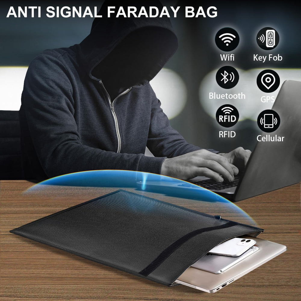 MULVINNIE oversized pouch open with laptop to illustrate capacity