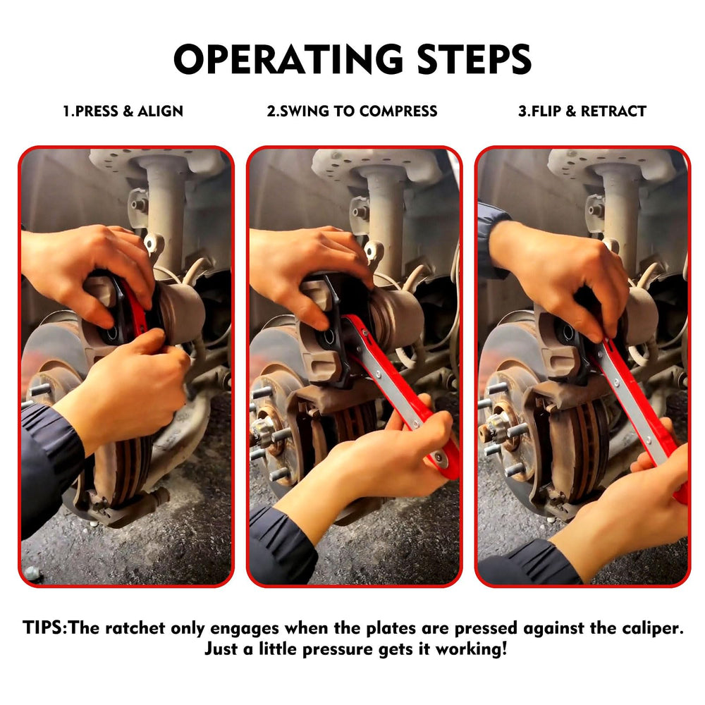 Mumicol tool compressing a car caliper piston showing even retraction and faster pad replacement