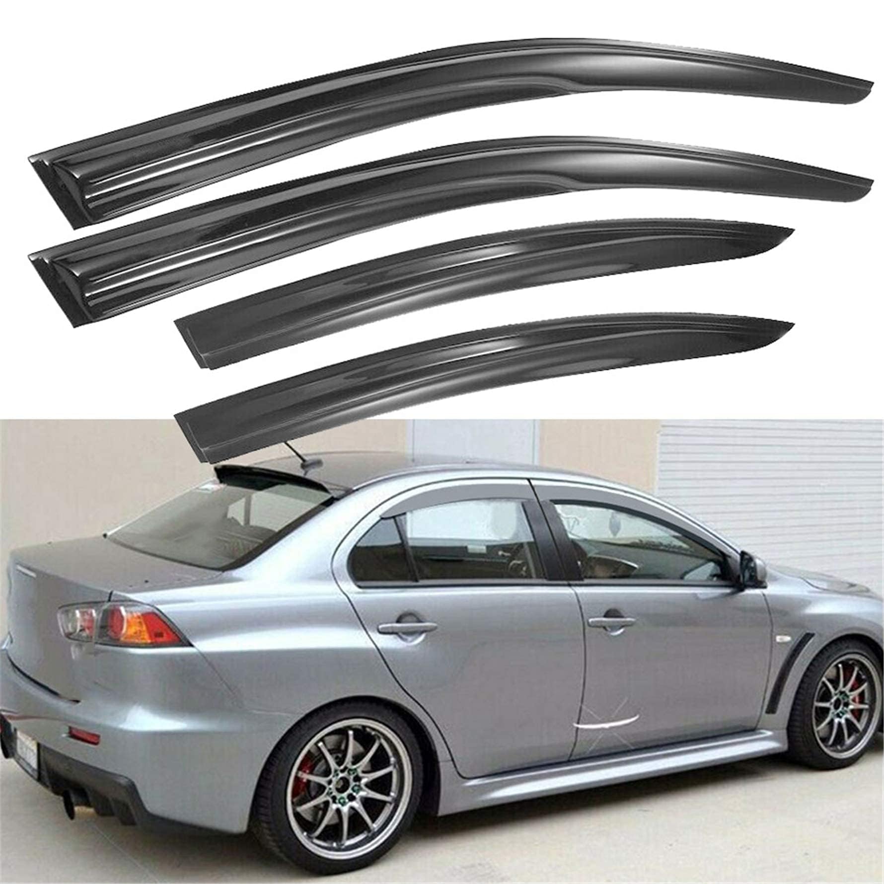 munirater visor front view installed on Mitsubishi Lancer showing sleek protection and improved airflow