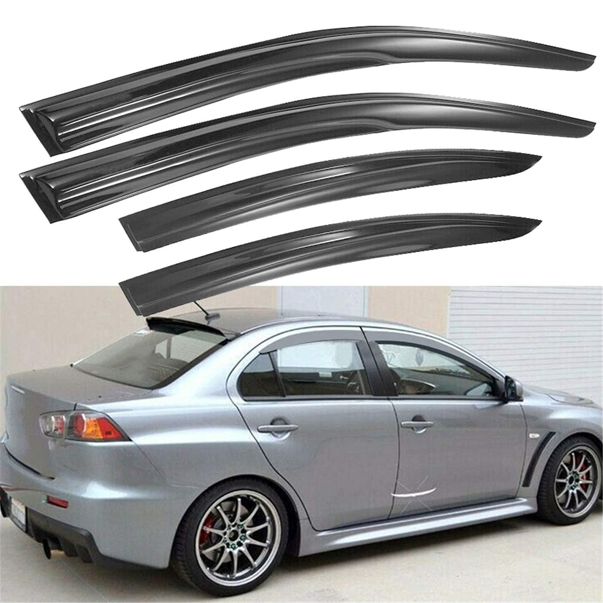 munirater visor front view installed on Mitsubishi Lancer showing sleek protection and improved airflow