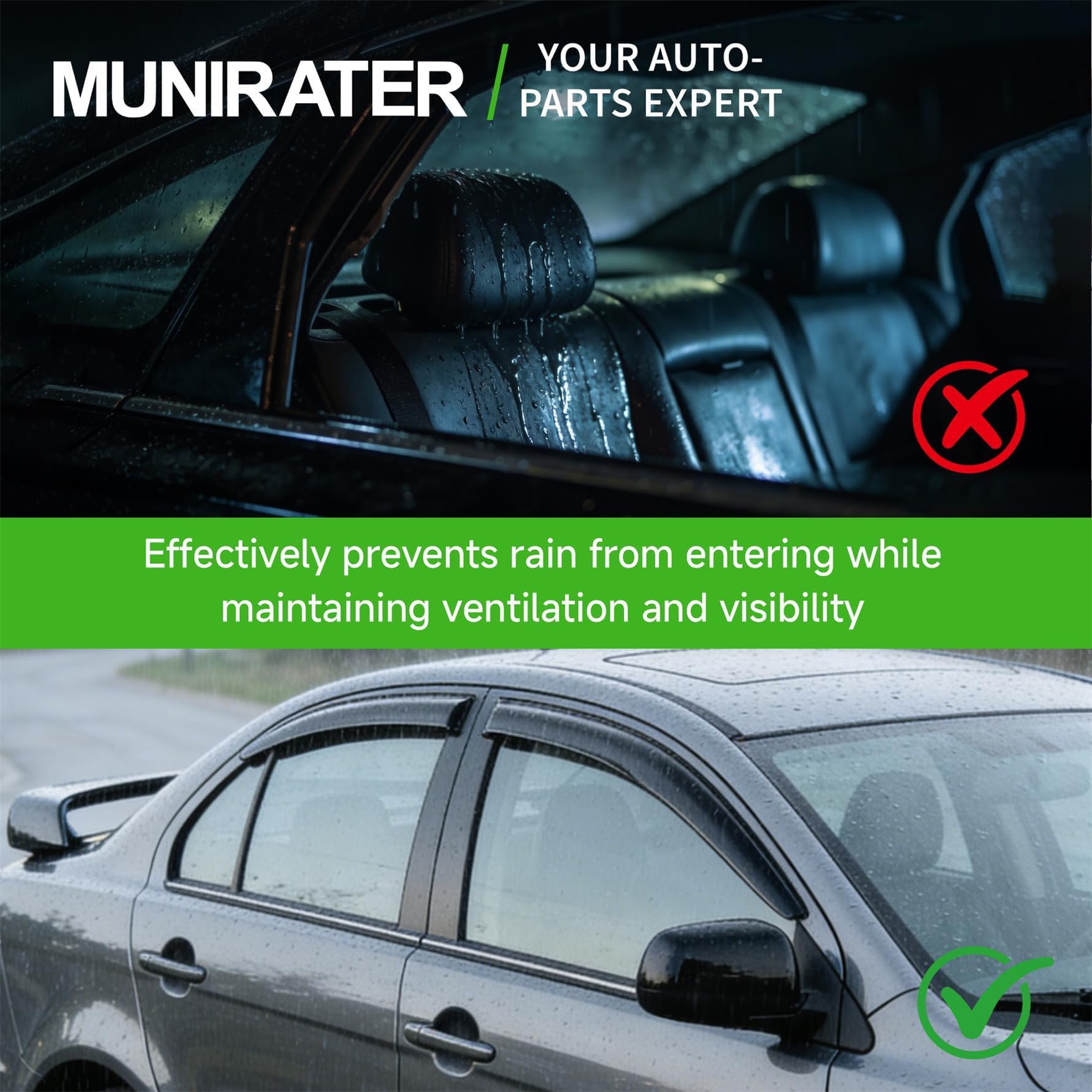 munirater lifestyle shot of Lancer in rain demonstrating rain guard performance and interior ventilation