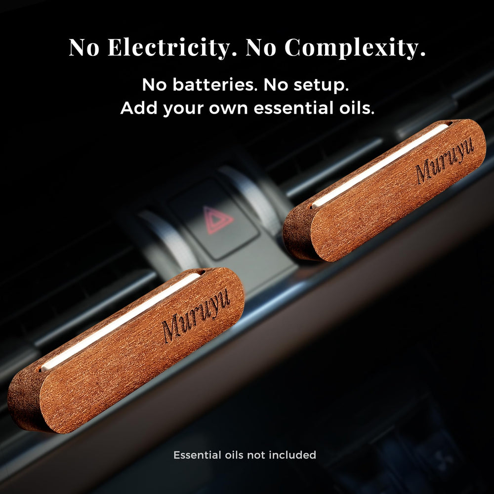 Muruyu packaging and two diffusers displayed as a gift-ready set for commuters and drivers