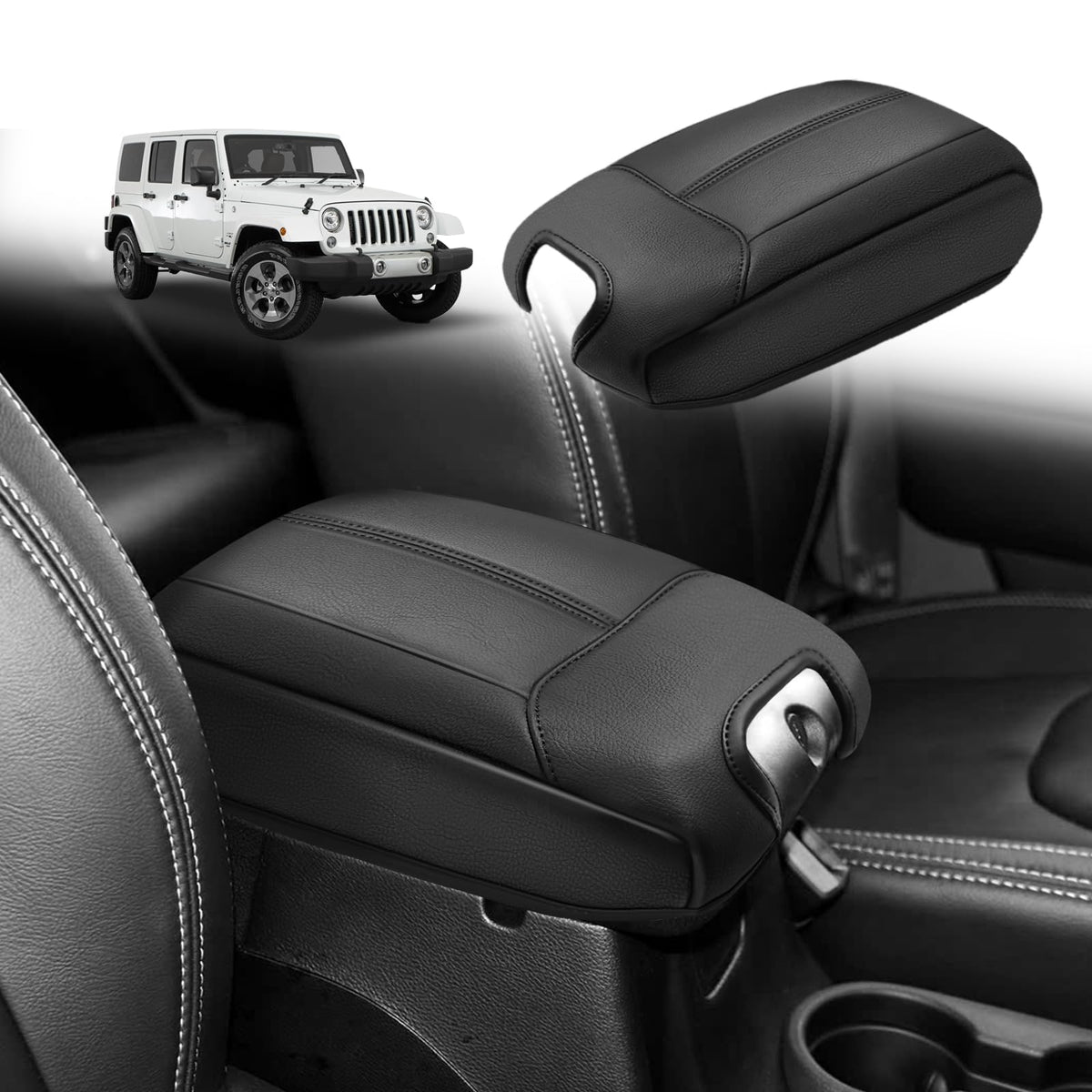 Muslogy armrest cover front view showing snug OEM-style fit and neat finish
