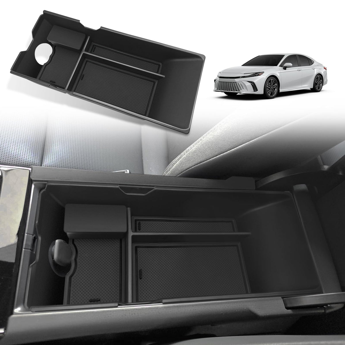 Muslogy front view of black console organizer showing tidy compartments and quick access