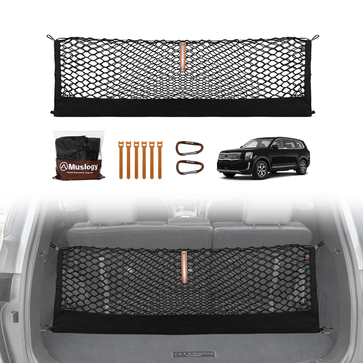 Muslogy front packaging showing cargo net and benefits of Telluride fit