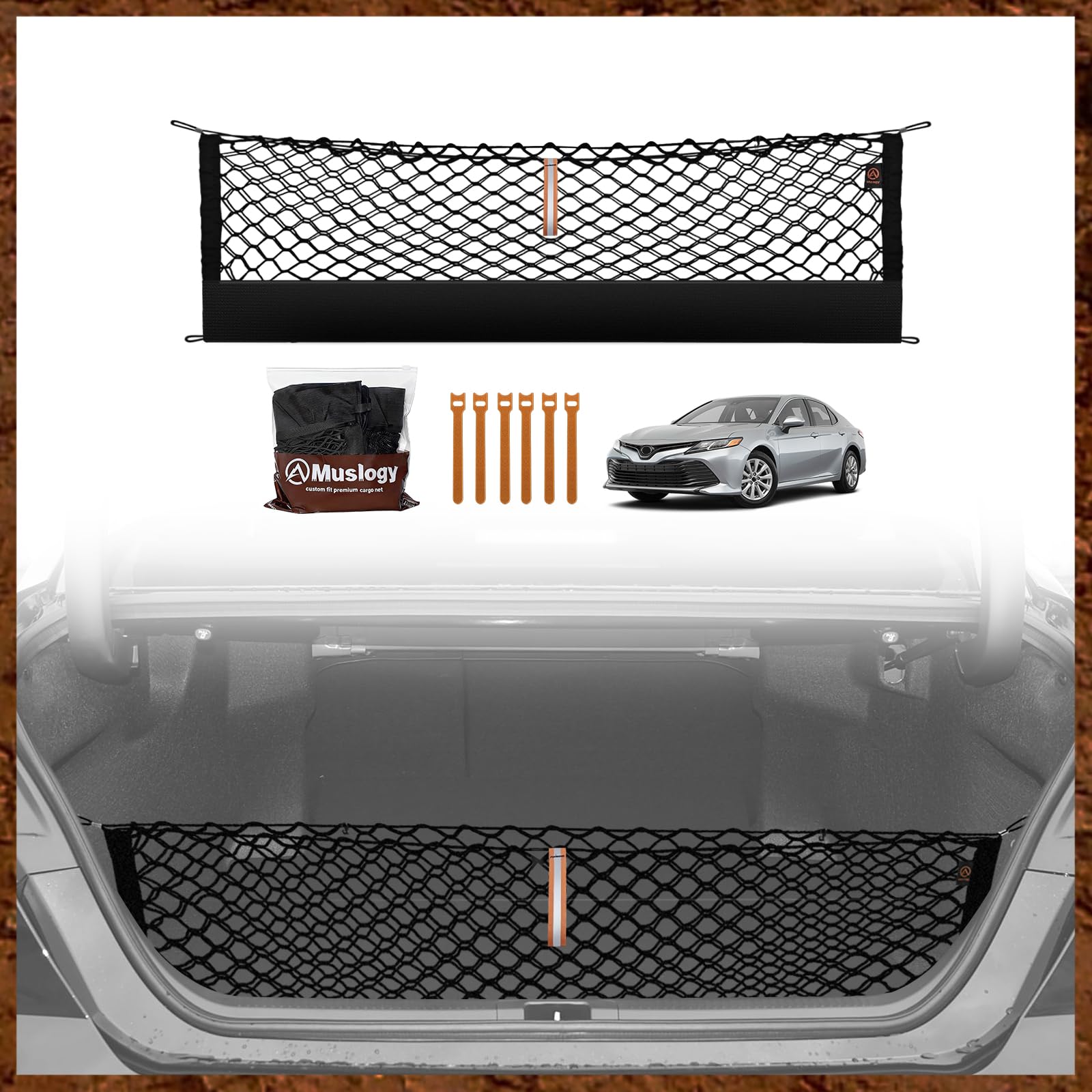 Muslogy front view of cargo net showing neat trunk organization and protection