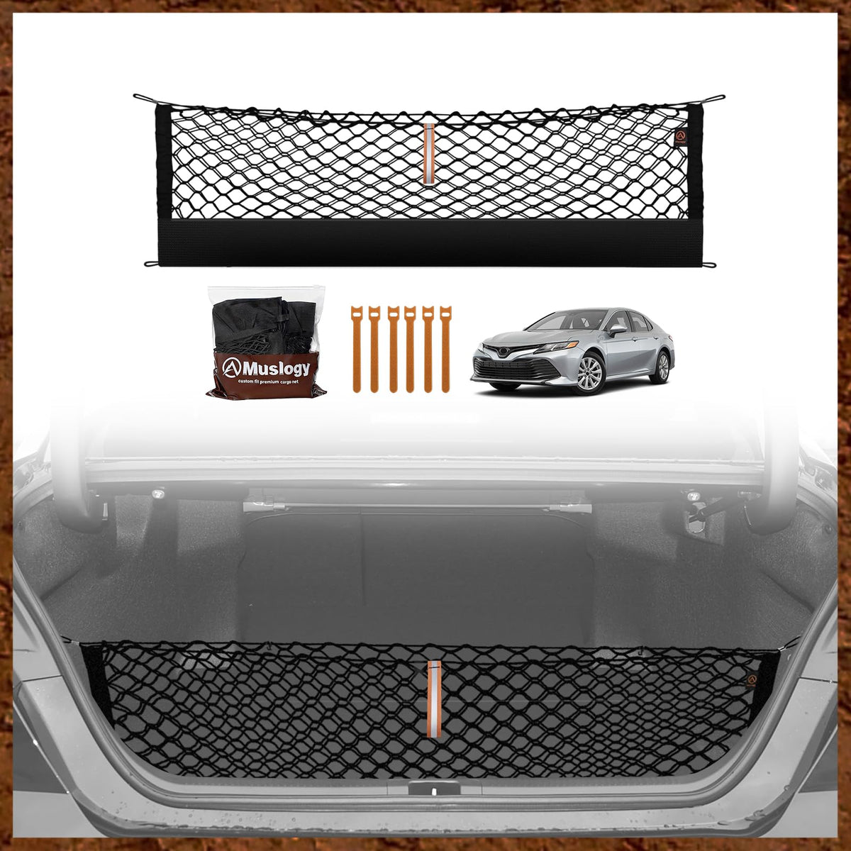 Muslogy front view of cargo net showing neat trunk organization and protection