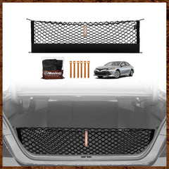 Muslogy front view of cargo net showing neat trunk organization and protection