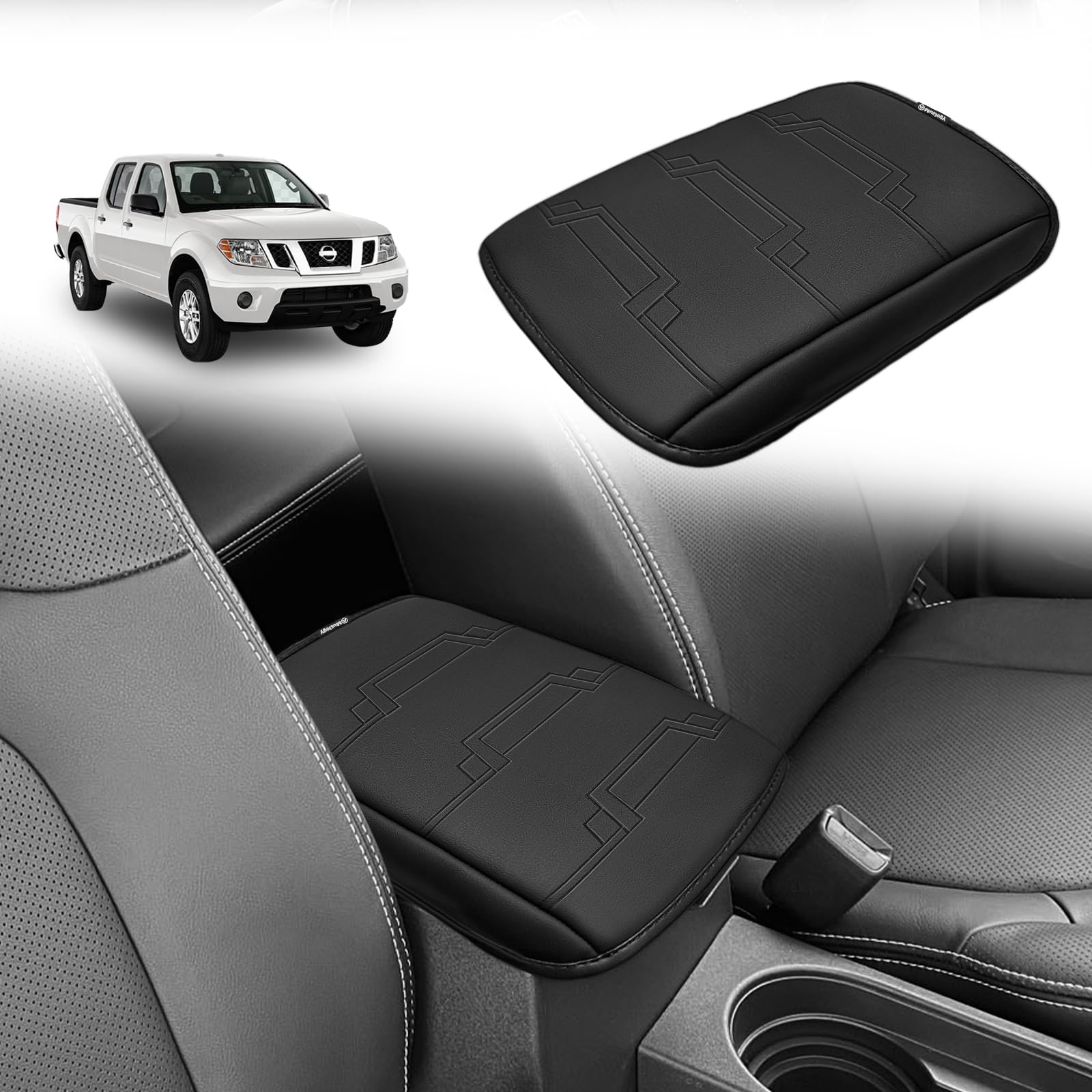 Muslogy front view on Nissan Frontier console showing neat fit and protection