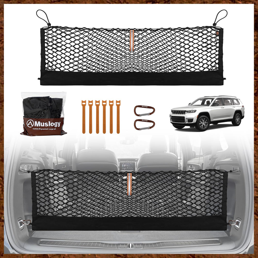 Muslogy cargo net front view installed in Grand Cherokee L, keeps trunk tidy
