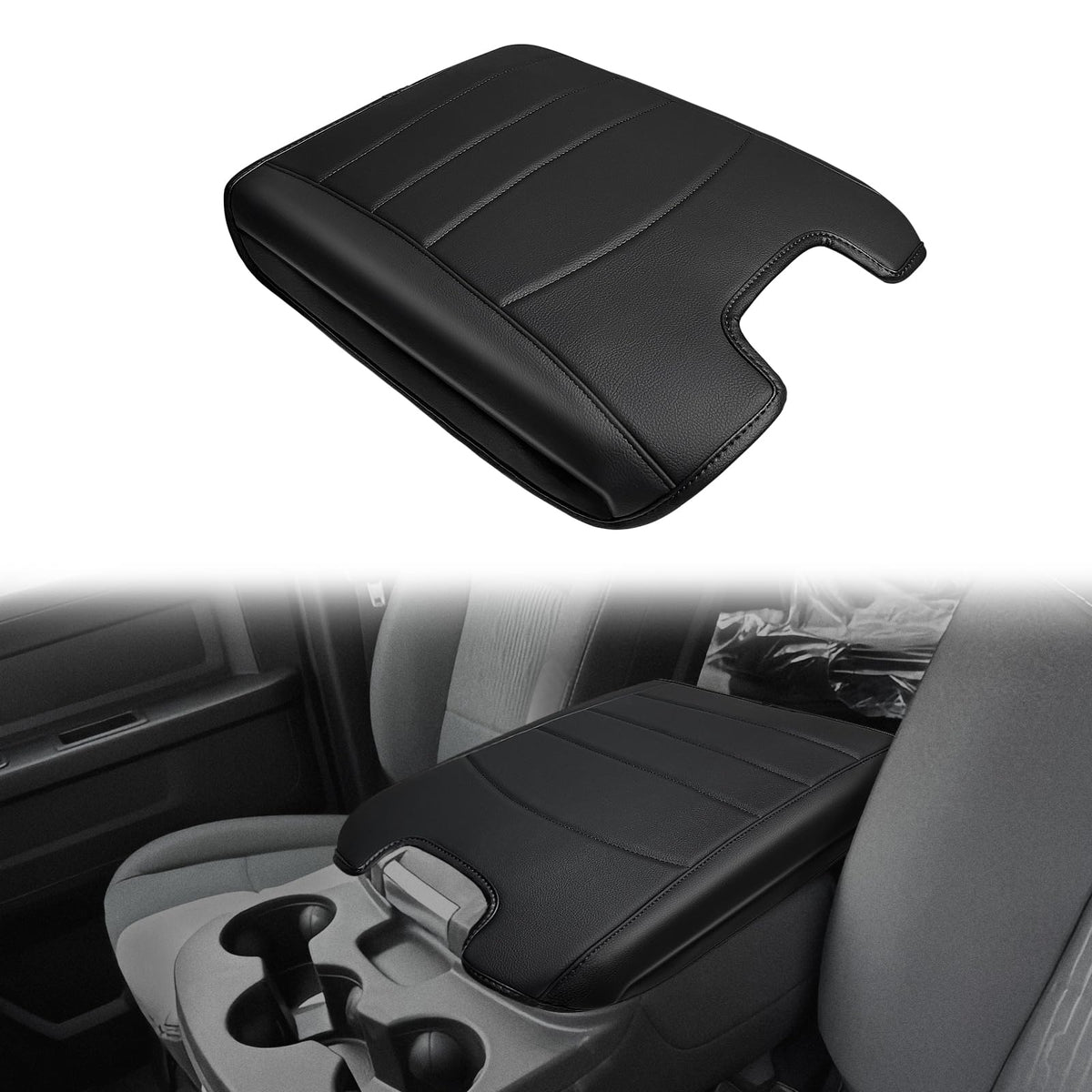 Muslogy front view installed on Ram bench console shows clean fit and protection