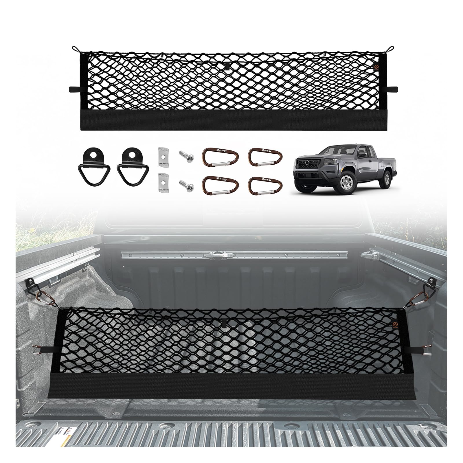 Muslogy cargo net front view installed on Nissan Frontier showing neat storage