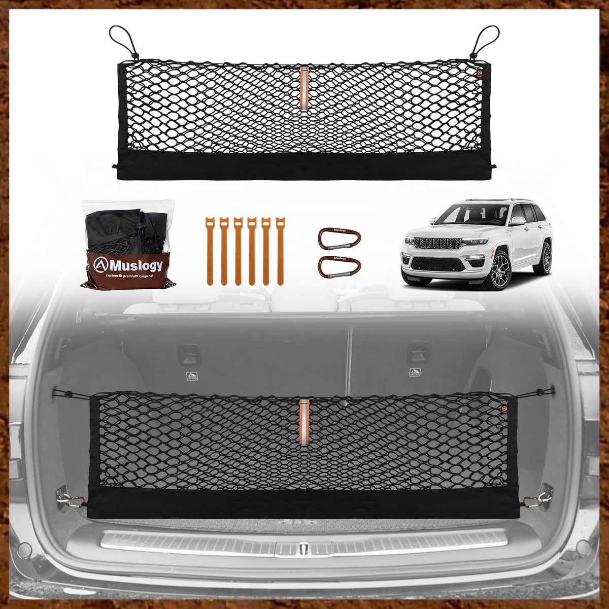 Muslogy front view of packaging showing net and hooks for quick setup