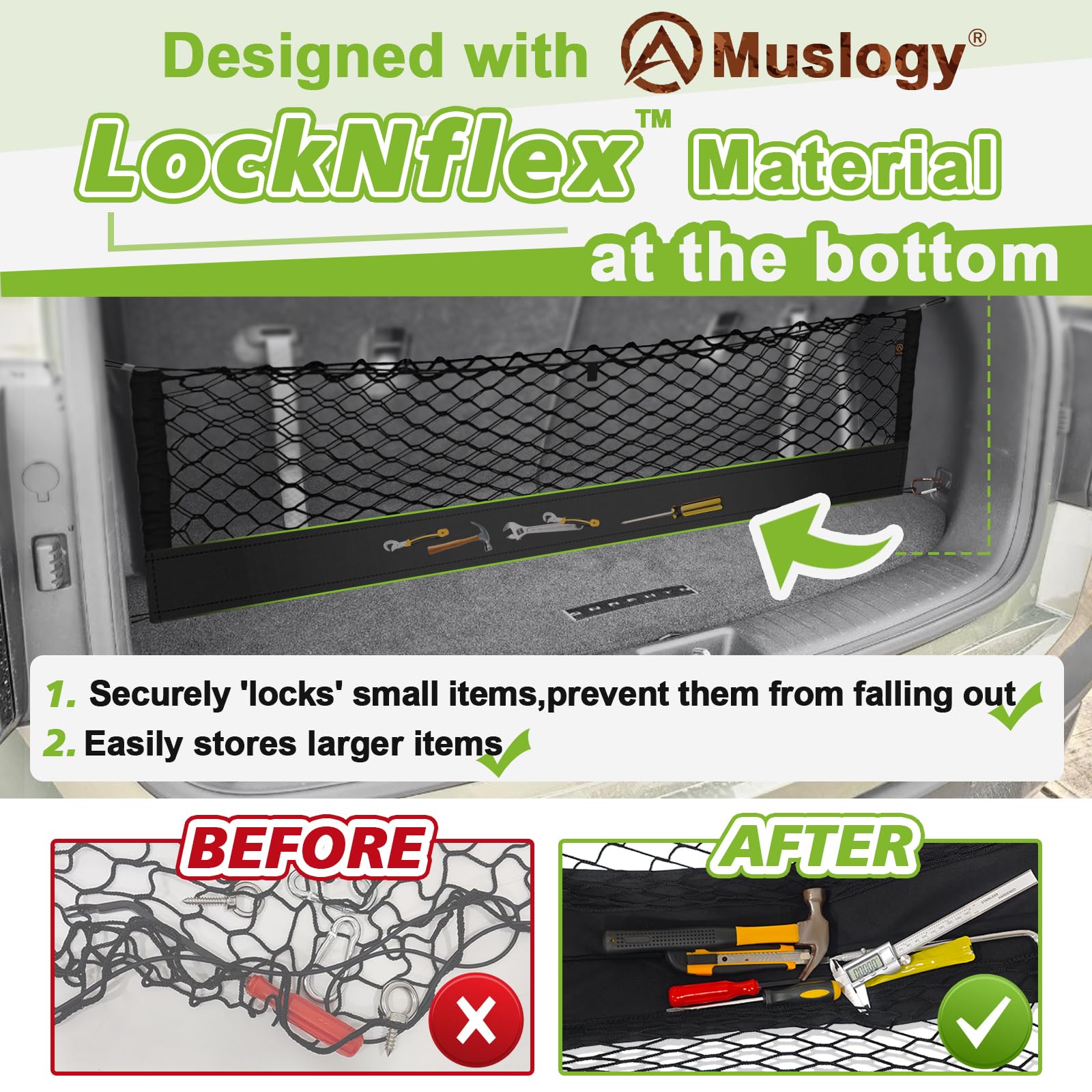 Muslogy installed in Toyota Camry trunk demonstrating secure cargo containment