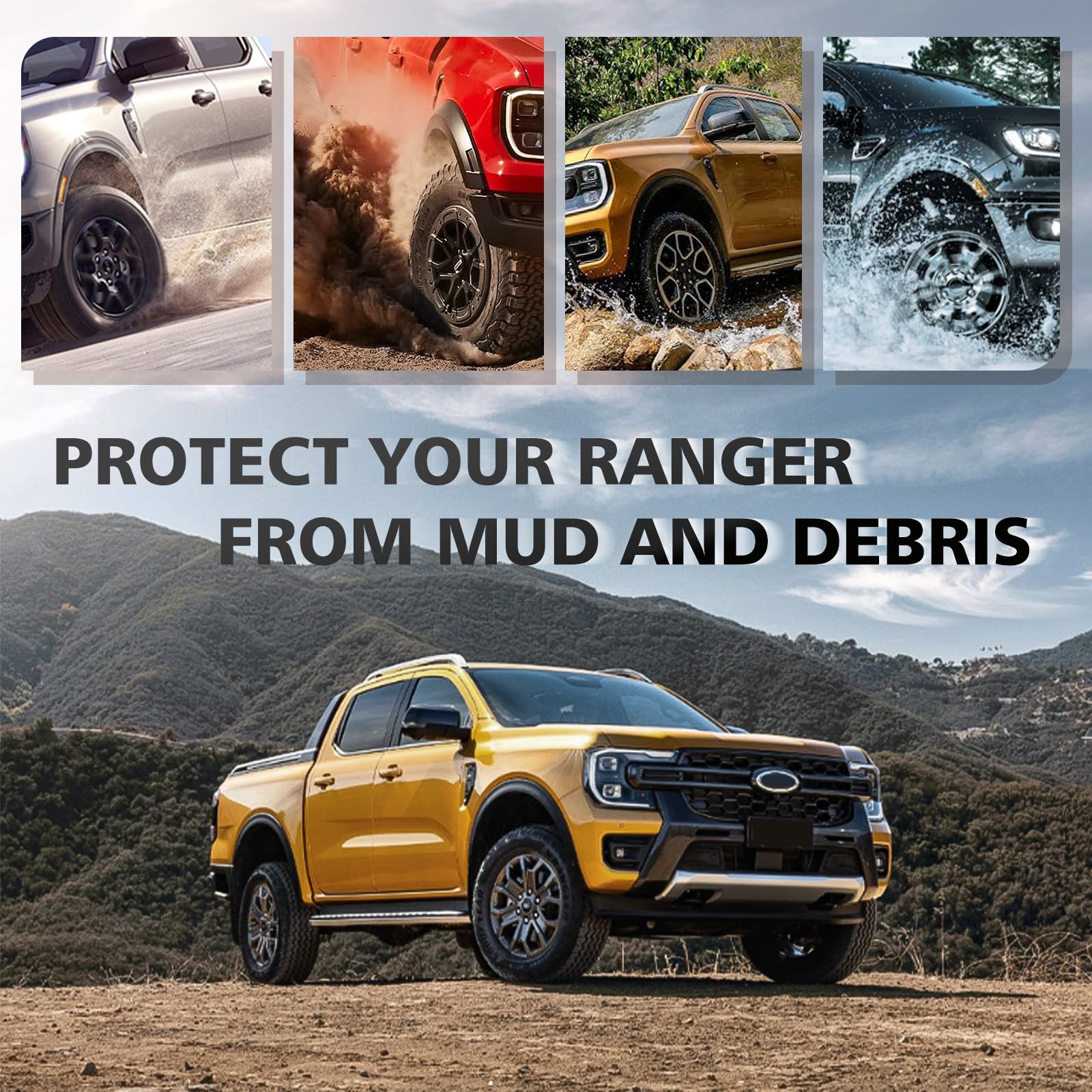 Muslogy rear mud flap mounted on Ranger shielding rocker panel