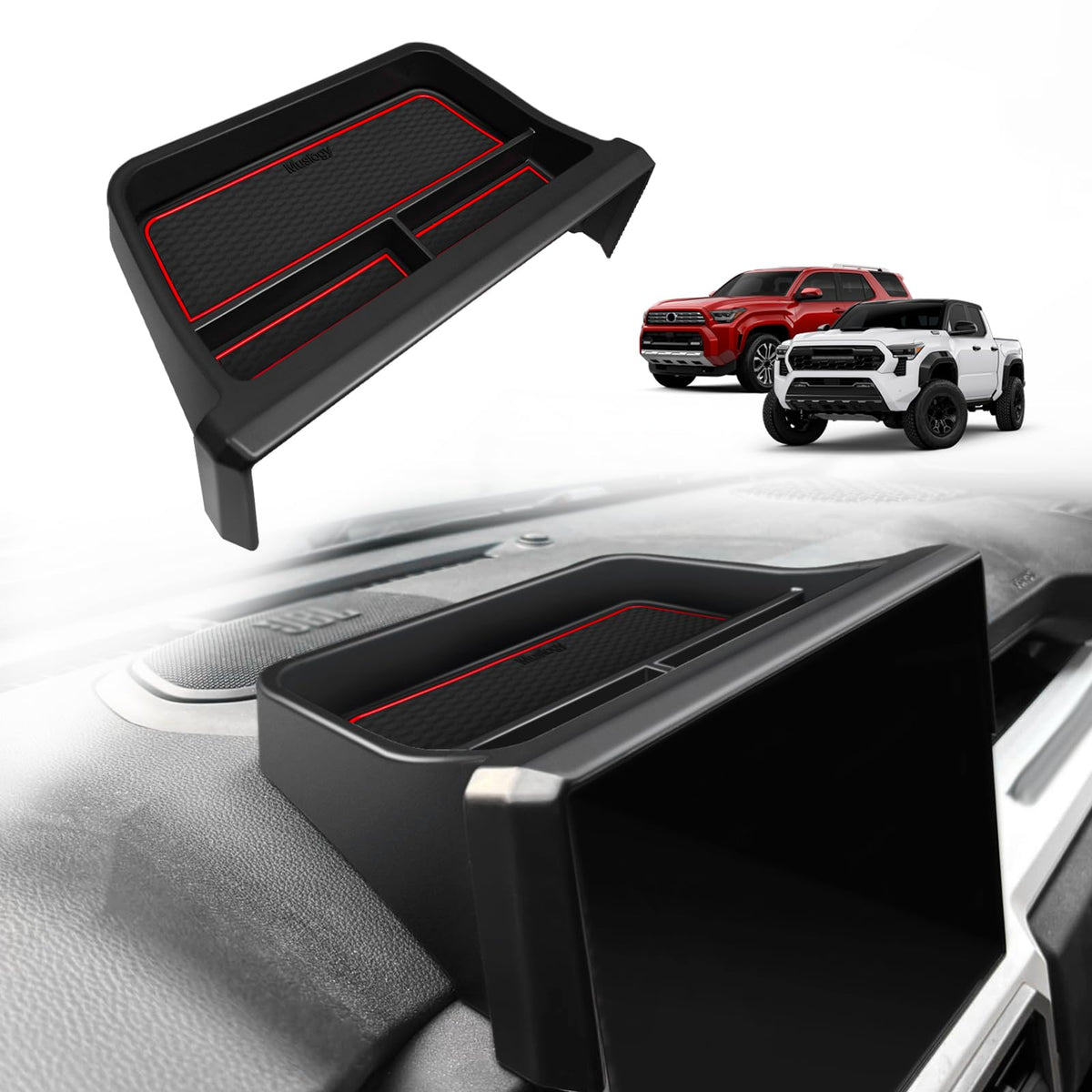 Muslogy red dashboard organizer front view showing clean fit and storage