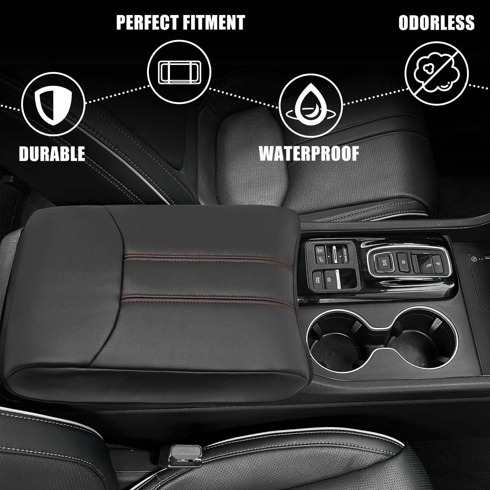 Muslogy side profile showing precise console fit and unobstructed lid use