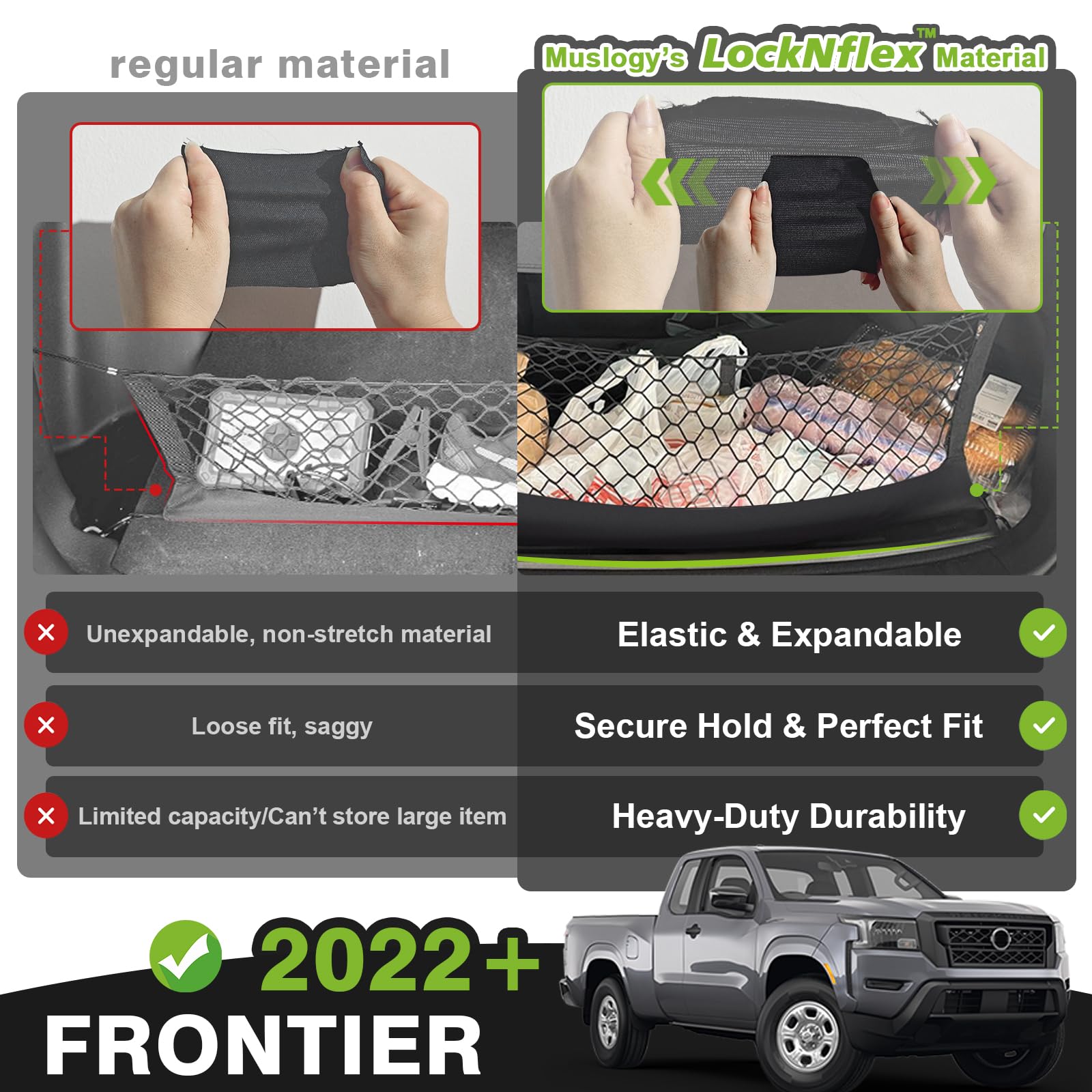 Muslogy cargo net beside ruler showing fit and scale for Frontier