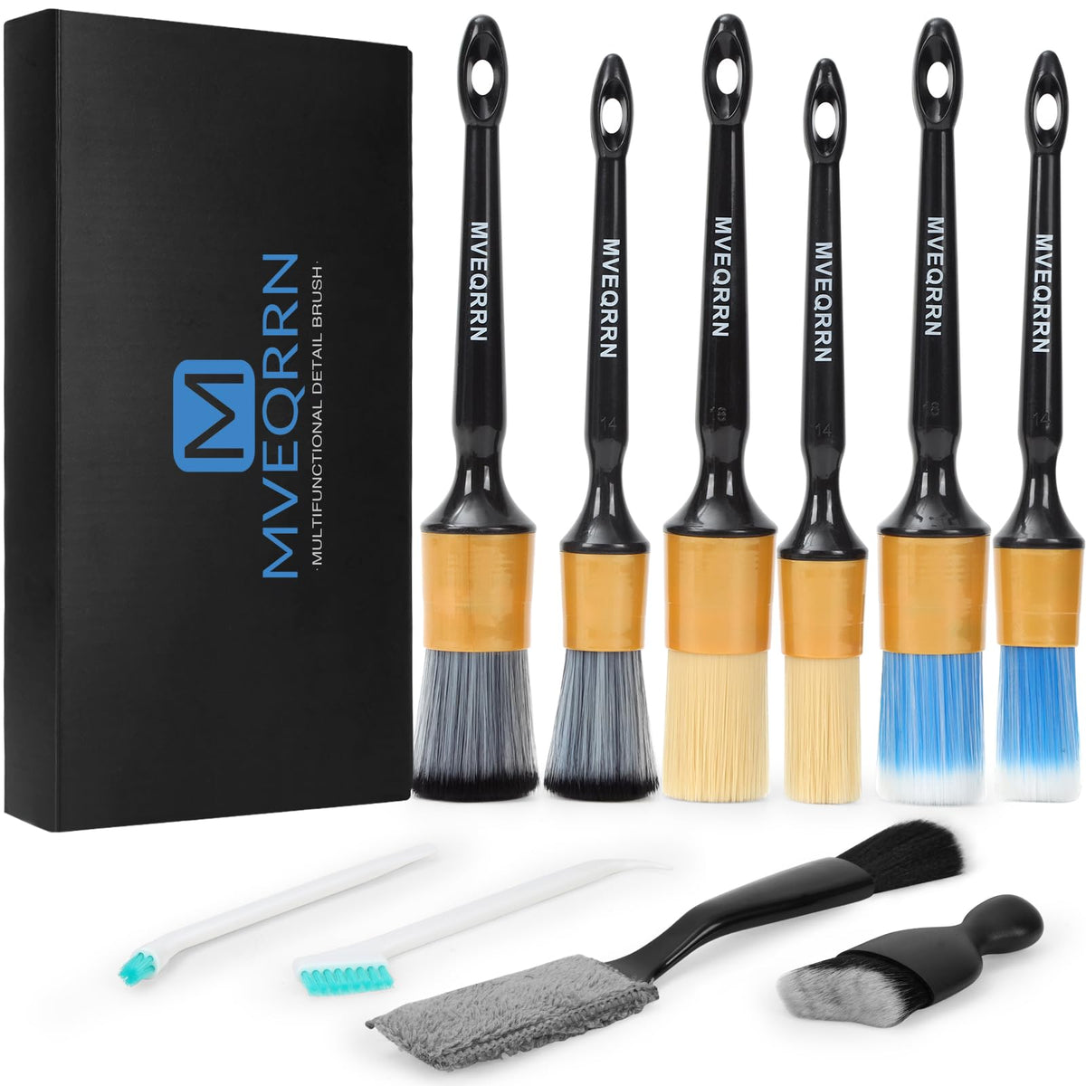 MVEQRRN front view of 10-piece gold-handle brush set showing included tools and layout