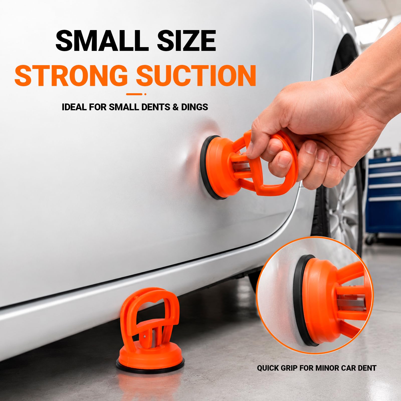 MyRainier suction cup attached to car panel for gentle shallow dent removal