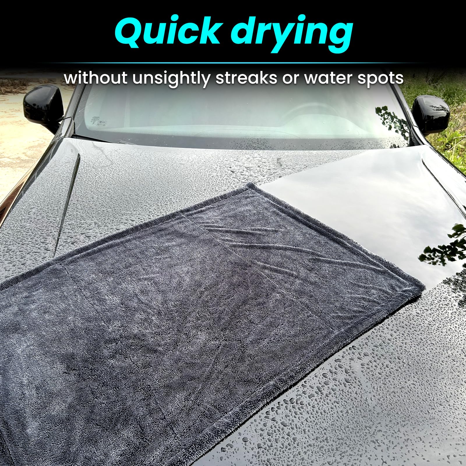 Mysticline towel drying car hood, safe scratch-free finish preservation