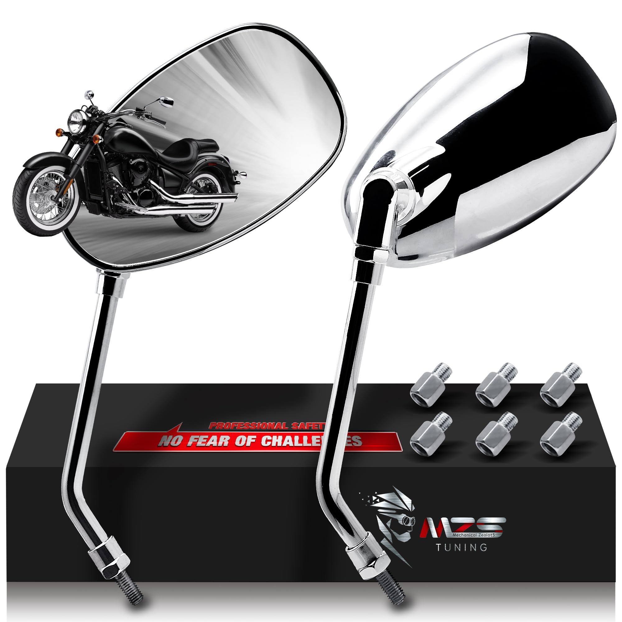 MZS chrome mirrors front view showing oval design and stylish upgrade benefit